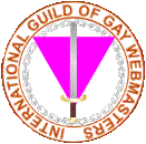 international guild of gay webmasters, a circular badge with a sword over an inverted pink triangle